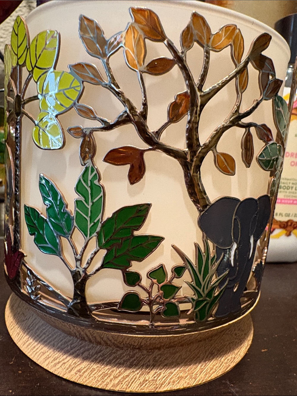 Bath & Body Works Elephant Jungle enameled metal Candle Holder with Wooden Base - Picture 3 of 15
